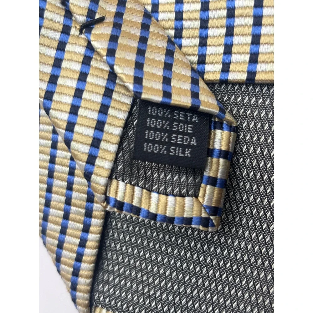 Valerio Garati Men Gold Blue Striped Pure Silk Handmade Necktie Tie